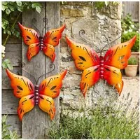 Levandeo® Wanddekoobjekt 3er Set Schmetterling Metall Wanddeko Rot Orange B20-33cm Gartendeko W (3 St), witterungsbeständig, Outdoor & Indoor geeignet