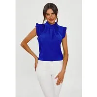 FS Collection Blusentop Damen Blusentop ärmellos mit Rüschenkragen elegante Bluse (XS (EU:36 / UK:8) · S (EU:38 / UK:10) · M (EU:40 / UK:12) · L (EU:42 / UK:14) · XL (EU:44 / UK:16), 3 Farben : Schwarz, Royalblau und Grün) Hochgeschlossener Ausschnit