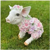 Online-Fuchs Gartenfigur süßes SITZENDES Schwein mit Blumenkleid verziert Ferkel Tiere groß, Maße ca. 24 cm lang, 18 cm breit und 22 cm hoch, Balkon, Terrasse