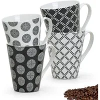 matches21 HOME & HOBBY Tasse Kaffeetassen 4er Set Retro Muster geflochten gestreift, 4-tlg., Keramik, Tee Kaffee-Becher, modern, schwarz weiss, 250 ml