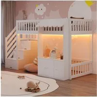 OKWISH Hochbett Jugendbett Funktionsbett (mit Stauraumtreppe, Stauraumschrank, mehrfarbiger LED-Lichtleiste und Traufendesign, inklusive Lattenrost, 90×200 cm) Inklusive Matratze
