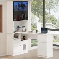 Merax Eckschreibtisch mit Regal und LED Glasvitrine, (1-St., Schreibtisch mit 3 Schubladen, Haustierfach), Computertisch, Bürotisch, 120×80×180 cm, Weiß