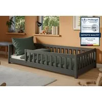Kids Collective Kinderbett Bodenbett Bett mit Rausfallschutz & Lattenrost Montessori Bett Kinder (weitere Größen 80x160, 80x180, 90x190, 120x200, 140x200 cm), Jugendbett Einzelbett Graphit Kiefer 90x200 cm