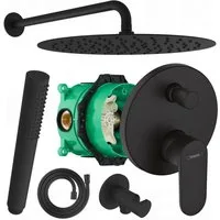 Hansgrohe und Bofler Duscharmatur Vernis Blend Unterputz Armatur für 2 Verbraucher + IBOX 1 (Duschsystem, Duschanlage, Duschset, inkl. BOFLER Duschset #44, Brauseset, Regendusche Ø30cm, Wandarm) matt schwarz, schwarze Antikalk-Gummidüsen, Wasserspare
