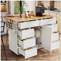 i@home Kücheninsel Moderne Kücheninsel mit Ausziehbarer Tischplatte, (mobile Küchenwagen mit 8 Schubladen, Rollen und Gewürzregal), 122x46x91.5 cm, ideal für Küche & Esszimmer