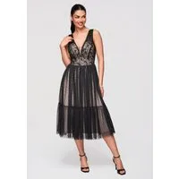 OMBRE Abendkleid Damen Midikleid Spitze Tüll A-Linie Schwarz M (kein Set, 1-tlg) Transparente Einsätze, mehrlagiger Rock
