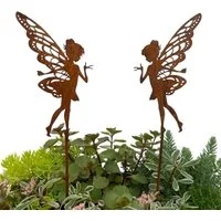 LB H&F Lilienburg Dekofigur 2er SET Elfe Fee Rostdeko Gartenstecker Dekofigur Gartenfigur Rost (Gartendeko zum Stecken Blumenkübel Blumenstab Rostfigur Stecker Metall Frühling Ostern Herbst Winter Rostig Gartenfreund rostig rostoptik Gartenstatue Blu