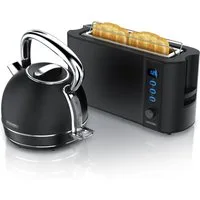 Arendo Frühstücks-Set Edelstahl Wasserkocher 1,7l, 2-Scheiben Langschlitz Toaster, schwarz (2-tlg), Vintage Wasserkocher Temperatureinstellung, Toaster Brötchenaufsatz