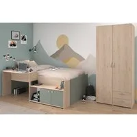 Parisot Jugendzimmer-Set Matre, (Kinderzimmer Set Stauraumbett und Kleiderschrank, 2-tlg., Eiche und Salbei Grün), integrierter Schreibtisch