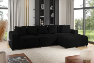 Ecksofa Designersofa Sofa MEGAN in Stoff Poso Schwarz Ottomane Rechts