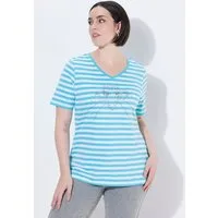 Ulla Popken T-Shirt Shirt Ringel Metallic-Motiv V-Ausschnitt Halbarm