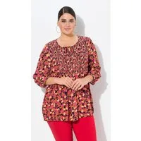 Ulla Popken Tunika Smok-Bluse Patchdruck A-Linie Rundhals 3/4-Arm