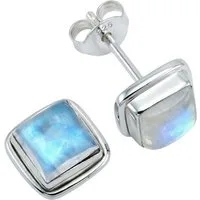 mantraroma Paar Ohrstecker SARALA eckig klein aus 925 Silber mit Regenbogen Mondstein (Paar, Paar Ohrringe mit Schmuckbeutel), 925 Sterling Silber Ohrringe für Damen