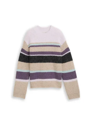 Denim Tom Tailor - Relaxed Fit Strickpullover mit Streifenmuster beige lilac multicolor stripe - Gr. - XL