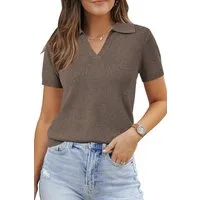 Arach&Cloz Poloshirt Damen Wollmischung Poloshirt Kurzarmpullover Strickpullover Volltonfarbe V-Shirt Tops Business Casual Kurzarmshirt Wollpullover