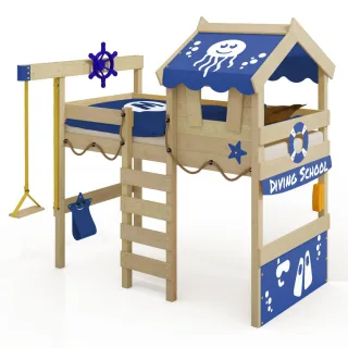 Kinderhochbett CrAzY Jelly 90x200 cm - Massivholz Spielbett mit Dach, Leiter und Spielfläche für Abenteuer im Kinderzimmer - Wickey