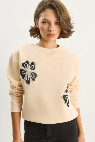 Bestickter Rundhals Baumwollpullover