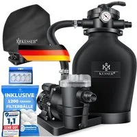 KESSER Sandfilteranlage 600W Sandfilter für Pools 13200L/h Durchfluss Poolfilter 7-Wege Ventil (Filteranlage mit Pumpe, 1200g Filterbälle Druckmanometer, Abdeckung), Tankvolumen für bis 30kg Sand Professionelle Poolwasserfilterung