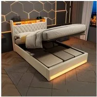 REDOM Polsterbett mit Premium-Samt – Stabil, Komfortabel, Zeitlos (Robuster Holz-Eisen-Rahmen • Atmungsaktiver Schaum • Inklusive Lattenrost, 1-tlg., 140*200), Mit LED-Lichtleiste und USB-Aufladung