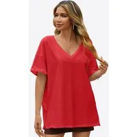 Imily Bela T-Shirt Damen Lockerer V-Ausschnitt mit gerollten Ärmeln und Seitenschlitzen (Packung, 1-tlg., 1per-Pack) Kurzarm in Unifarbe