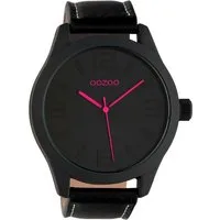OOZOO Quarzuhr Basic XXL Armbanduhr C1068 Pink Lederband Schwarz 46 mm