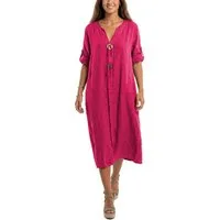 dy_mode Hemdblusenkleid Damen Leinenkleid Midi Hemdblusenkleid mit V-Ausschnitt Freizeitkleid in Unifarbe, V-Ausschnitt, mit seitlichen Eingriffstaschen