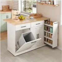 MODFU Kücheninsel mit klappbarer Arbeitsplatte, (mit Müllschrank, 4-stufigem Gewürzregal, 2 Schubladen und feststellbaren Rollen)
