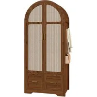 Merax Kleiderschrank mit Stofftüren, Schublade & Kleiderstange (Kommode, 1-St., für Gäste- & Ankleidezimmer) Garderobenschrank mit geschwungenen Türen & Rattanfront, 80x50x179 cm