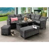 Destiny Gartenlounge-Set SANTA PONSA DE LUXE Eckgruppe, grau mel., Tisch 140x80cm, Polster grau, (Set, 20-tlg., 2 Schenkel inkl. Polster, 2 Sitze verstellb. 1Tisch m. aufgel. Glaspl), Aluminium, Polyrattan
