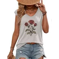 PYLIKE V-Shirt Bequemes Shirt Damen Ärmellos Sommer Basic-Shirt mit Rose Print Bequem für Freizeit und Büro,Strandurlaub