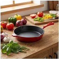 Casativo Bratpfanne Gusseisen Pfanne Rot Ø 26cm Emailliert Bratpfanne für Induktion, Gusseisen, praktischer Ausgießer/(x H) - 26,3 x 5,2 cm/Griff&Gegengriff