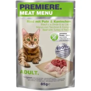 PREMIERE Meat Menu Nassfutter Katze Adult Rind mit Pute und Kaninchen 24x85 g