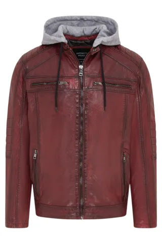 Herren Ox Red Kapuzenjacke aus burgunderrotem Biker-Lammleder - Burten