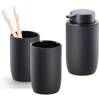 Zeller Present Badaccessoire-Set 3-teiliges Badaccessoire-Set - Keramik Schwarz, Set, 3 tlg., 3-tlg., moderne Rillenoptik