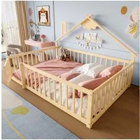 Flieks Kinderbett, Bodenbett Holzbett Hausbett 140x190cm mit Geländer