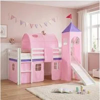 Homestyle4u Hochbett 90x200 Kinderbett mit Leiter und Vorhang Weiß Rosa Holz Treppe Kinder (Komplett-Set mit Lattenrost, mit Rutsche, Tunnel und Turm, Matratze mit OEKO-TEX® Standard 100) Kiefer, Jungen Mädchen, Spielbett