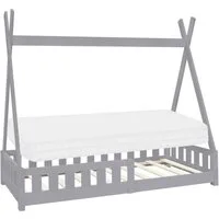 ML-DESIGN Spielbett Hausbett Tipi Zeltbett inkl. Lattenrost Bodenbett Kinder Himmelbett, Abenteuerbett mit Rausfallschutz Zelt Bett Kiefer Grau Kinderhaus
