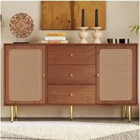 Flieks Kommode, Sideboard 3 Schubladen 2 Türen Rattan Nussbaum 150x40x90cm