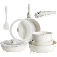 HEYHIPPO Topf-Set 12-tlg. Kochset in Creme, antihaft & stapelbar, Griffe abnehmbar, Aluminium (12-teiliges Kochgeschirr-Set, Fünf Töpfe, vier Deckel, zwei Griffe und ein Silikonspatel), Schnelle Wärmeleitung,Sichtdeckel und Silikonspatel,leicht zu re