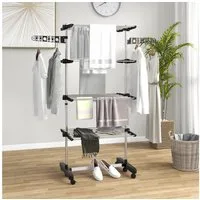 HOMCOM Wäscheständer Trockenständer mit Rollen, Wäscheturm für Indoor, Outdoor, für Indoor, Outdoor, Stahl Schwarz 80,142 x 55 x 172 cm