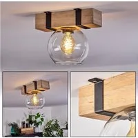 hofstein Deckenleuchte Deckenlampe aus Metall/Holz/Glas in Schwarz/Natur/Klar, ohne Leuchtmittel, Holzbalken und Glasschrim Ø15cm, 1x E27, ohne Leuchtmittel