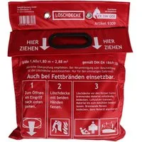 EXDINGER Löschdecke 1,60 x 1,80 m in Tasche zum Aufhängen mit Grifftaschen, (Packung), durch Klettverschluss schnell entnehmbar, praktische Grifftaschen
