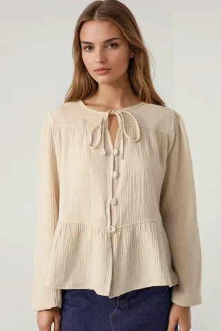 Kreuzkragen Langarm Woven Musselin Bluse