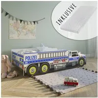 Kids Collective Autobett Kinderbett Jugendbett 80x160, Polizei mit Rausfallschutz Polizeiauto, mit Lattenrost 80x160 cm mit Matratze