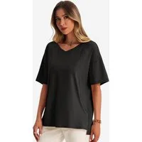 Imily Bela Kurzarmshirt Damen mit V-Ausschnitt Halbarm Seitenschlitzen Casual Loose (Packung, 1-tlg., 1per-Pack) mit Teilungsnähte in Unifarbe