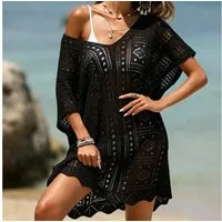 MOPUEA Strandkleid Strandtunika Damen Häkeloptik Bikini Überwurf V Ausschnitt Boho (Damen Strandtunika Bikini Überwurf In Häkeloptik, Leichter Überwurf Mit Hohlmuster Und V Ausschnitt) Luftig Schnelltrocknend Oversize Und Reisetauglich