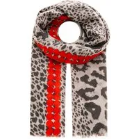 Zwillingsherz Schal "Leo & Colors", Leomuster, rotes Detail, Fransen