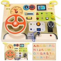 SinLaw Lernspielzeug Sensory wooden toy with simulated steering wheel and LED light switch, Lernspielzeug für Babys, perfektes Reisespielzeug und Geschenk