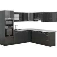 Vicco Winkelküche R-Line, Anthrazit Hochglanz/Anthrazit, 237 x 247 cm, AP Marmor