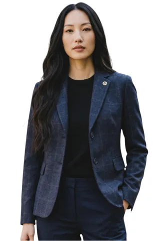 Damen-Marineblaue maßgeschneiderte karierte Tweed-Blazer-Jacke – TPSTZ-7